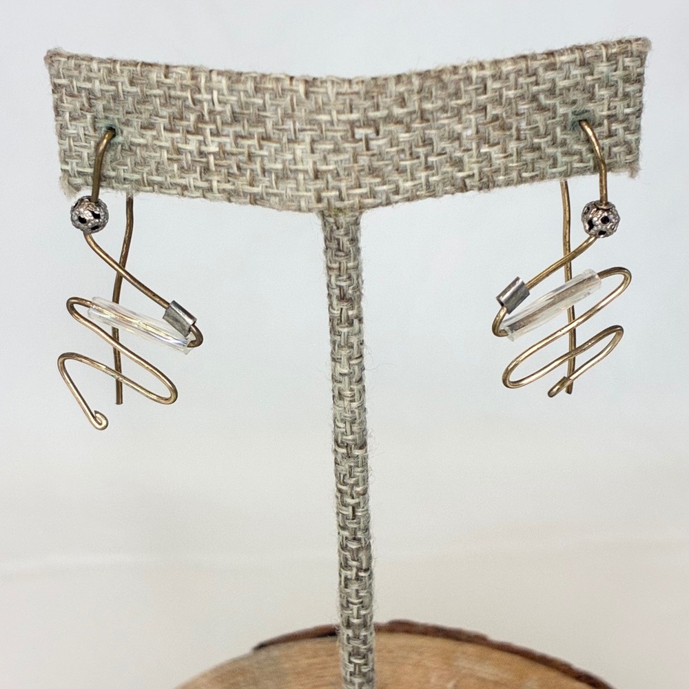 Vintage Earrings Abstract Zig Zag Wire Gold Tone Glass Bead Artisan Modernist